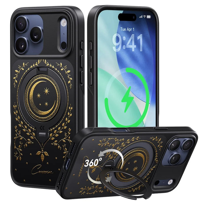 CASEKOO Tarot Series for iPhone 18 Pro / 17 Pro Magnetic Case Rotating Ring Kickstand PC + TPU Shockproof Cover - Tarot Vine Moon - 1