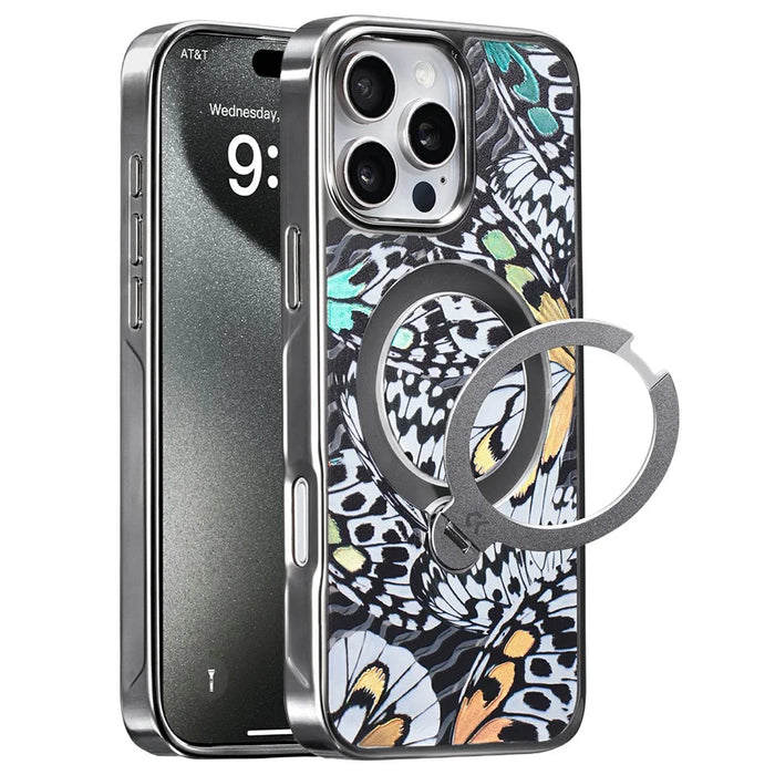 CASEKOO for iPhone 16 Pro Max Case Mirror Surface Kickstand Ring Holder Shockproof PC + TPU Cover - Butterfly Texture - 1