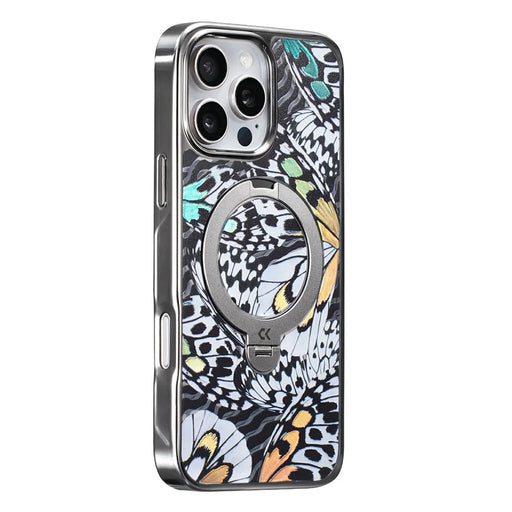 CASEKOO for iPhone 16 Pro Max Case Mirror Surface Kickstand Ring Holder Shockproof PC + TPU Cover - Butterfly Texture - 2