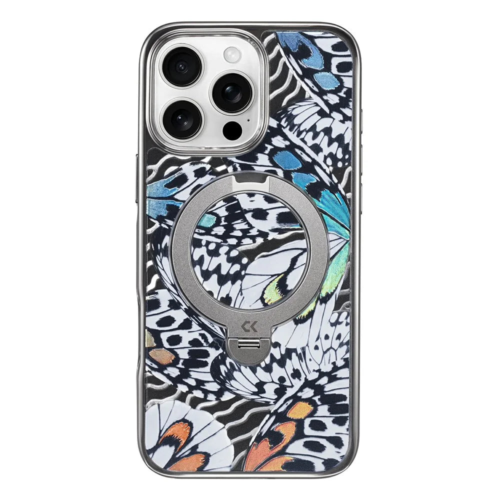 CASEKOO for iPhone 16 Pro Case Mirror Surface Kickstand Ring Holder Shockproof PC + TPU Cover - Butterfly Texture - 3