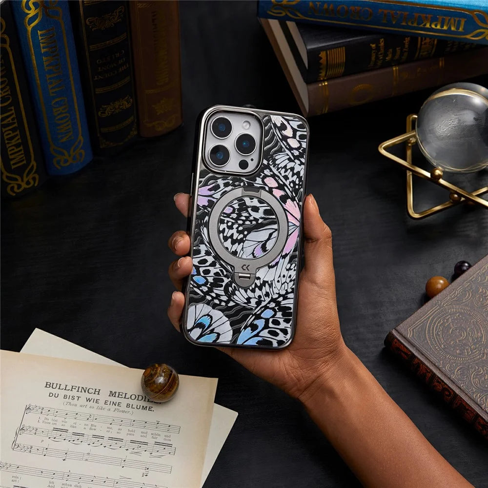 CASEKOO for iPhone 16 Pro Case Mirror Surface Kickstand Ring Holder Shockproof PC + TPU Cover - Butterfly Texture - 5