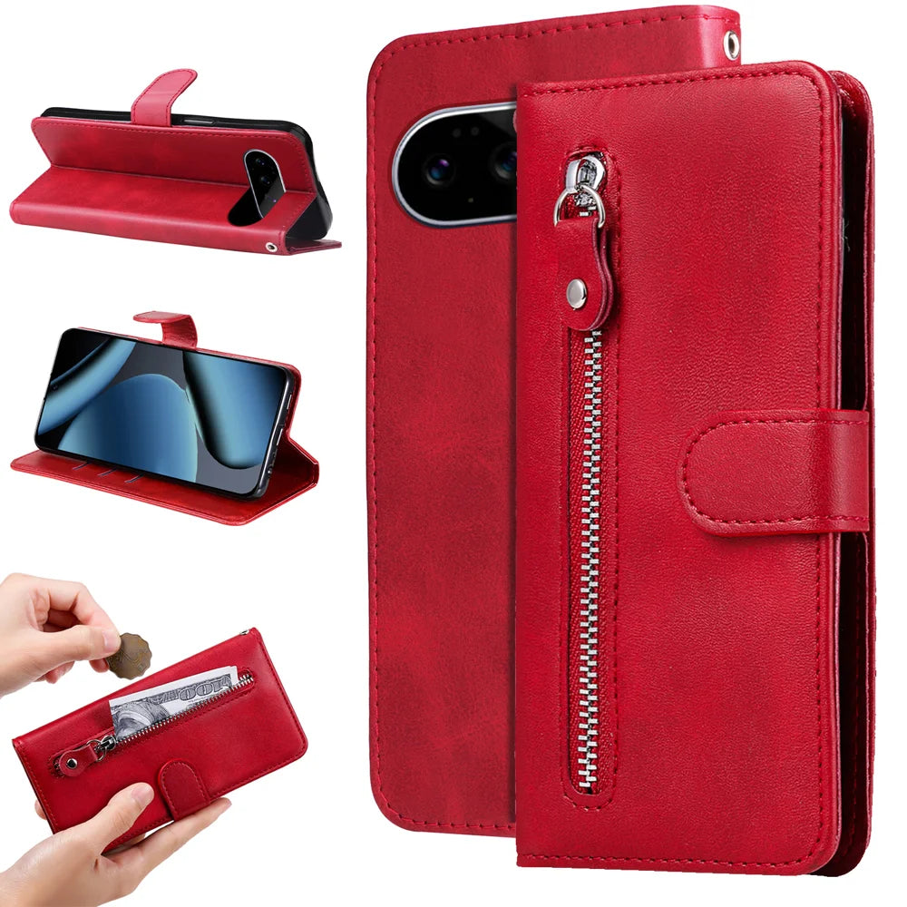 For Google Pixel 11 Pro / Google Pixel 11 PU Leather Cases with Zipper Pocket Wallet Phone Cover Stand - Red - 2