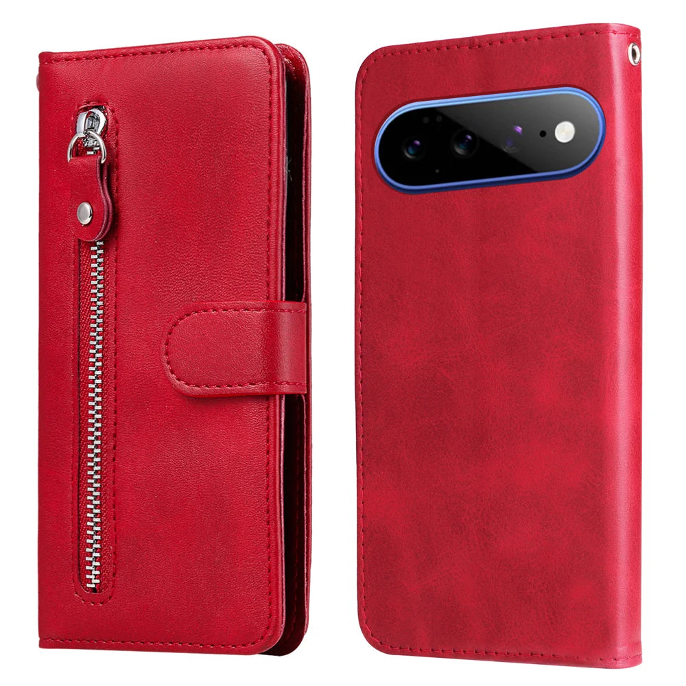 For Google Pixel 11 Pro XL PU Leather Cases with Zipper Pocket Wallet Phone Cover Stand - Red - 1