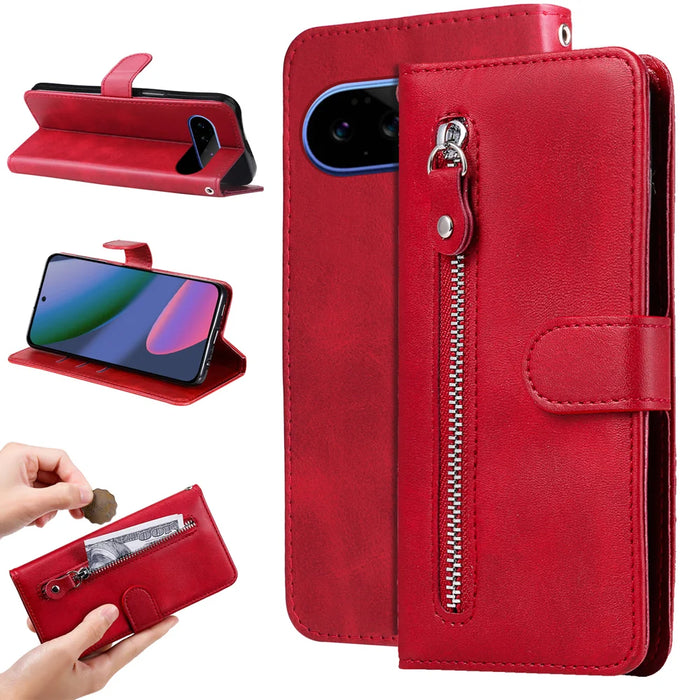 For Google Pixel 11 Pro XL PU Leather Cases with Zipper Pocket Wallet Phone Cover Stand - Red - 2