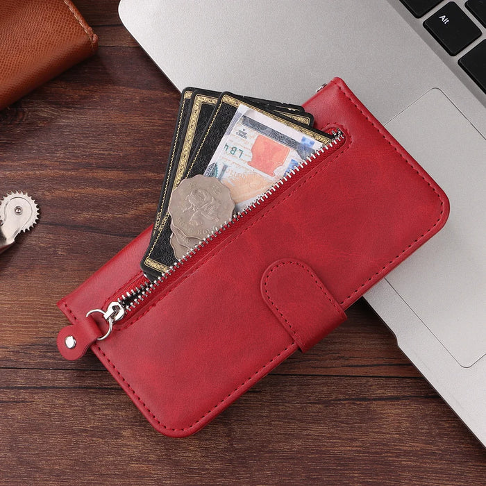 For Google Pixel 11 Pro XL PU Leather Cases with Zipper Pocket Wallet Phone Cover Stand - Red - 6