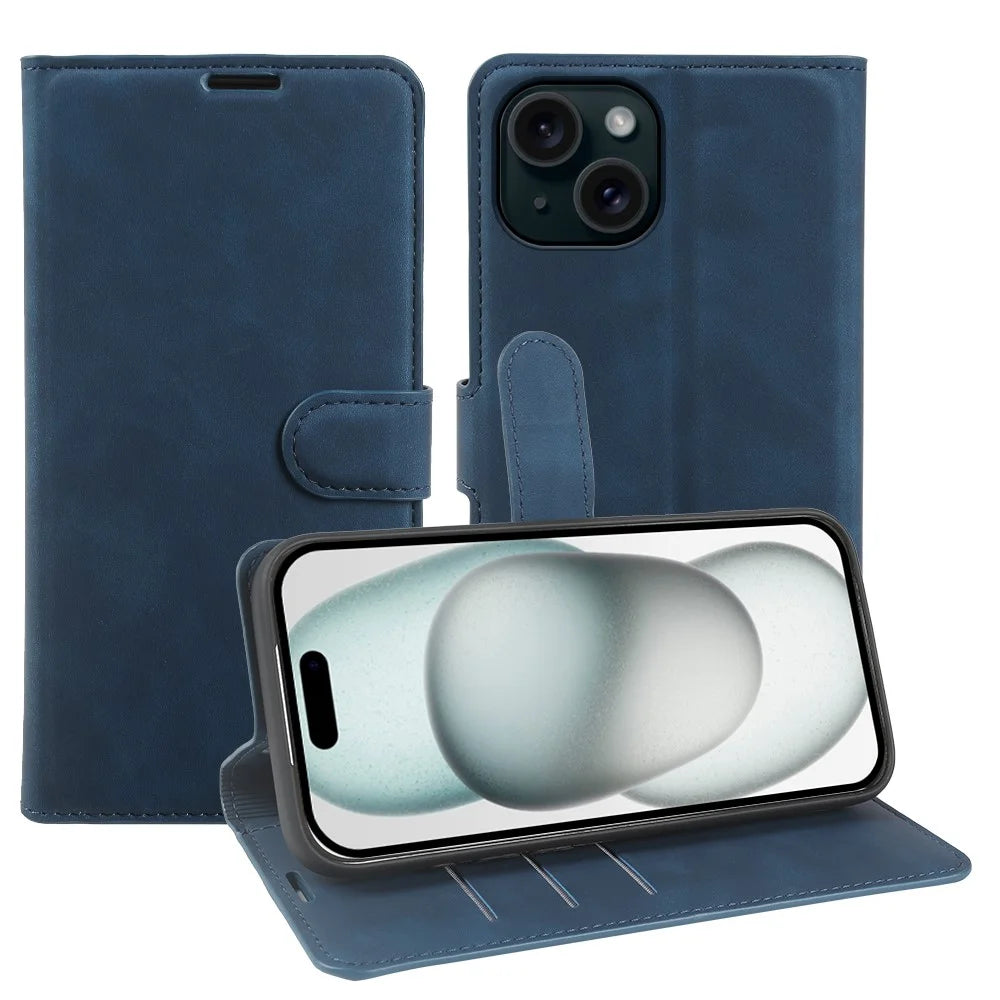 For iPhone 15 Plus Wallet Stand Case Card Slots Skin-feel TPU + PU Leather Flip Cover - Blue - 1