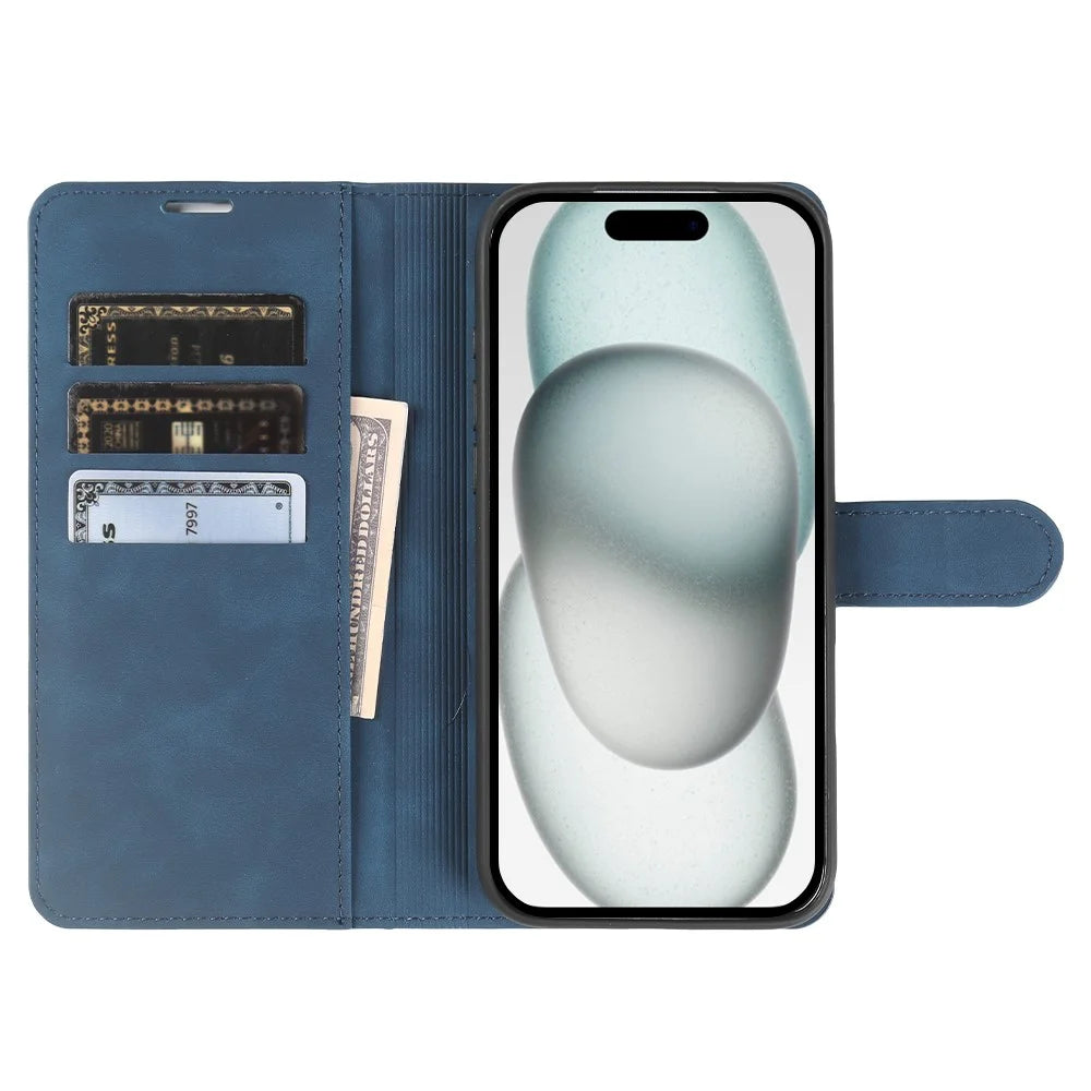 For iPhone 15 Plus Wallet Stand Case Card Slots Skin-feel TPU + PU Leather Flip Cover - Blue - 2