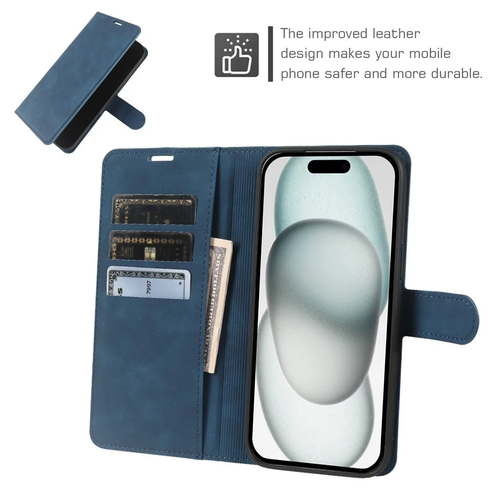 For iPhone 15 Plus Wallet Stand Case Card Slots Skin-feel TPU + PU Leather Flip Cover - Blue - 3