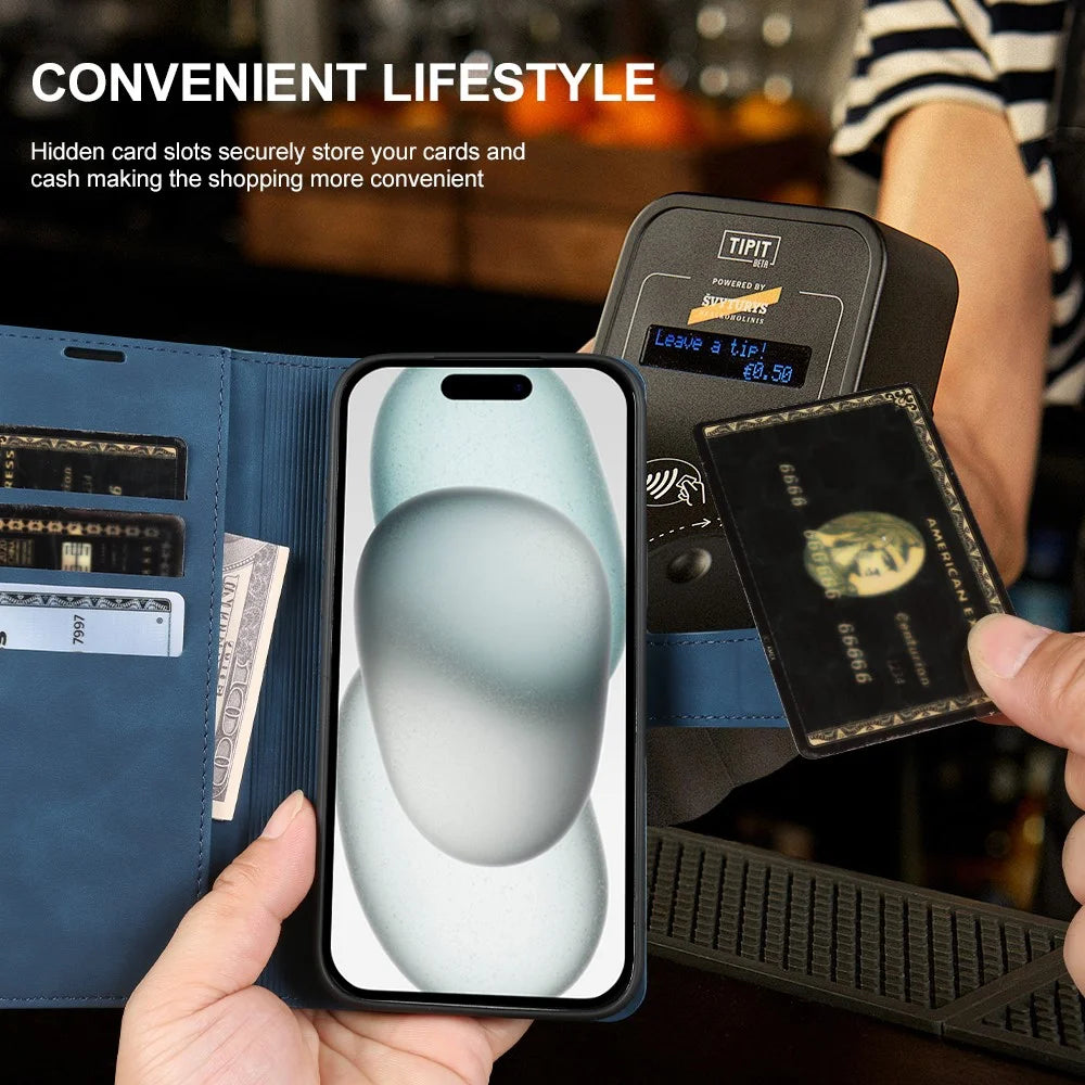 For iPhone 15 Plus Wallet Stand Case Card Slots Skin-feel TPU + PU Leather Flip Cover - Blue - 4