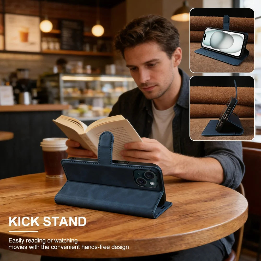 For iPhone 15 Plus Wallet Stand Case Card Slots Skin-feel TPU + PU Leather Flip Cover - Blue - 5