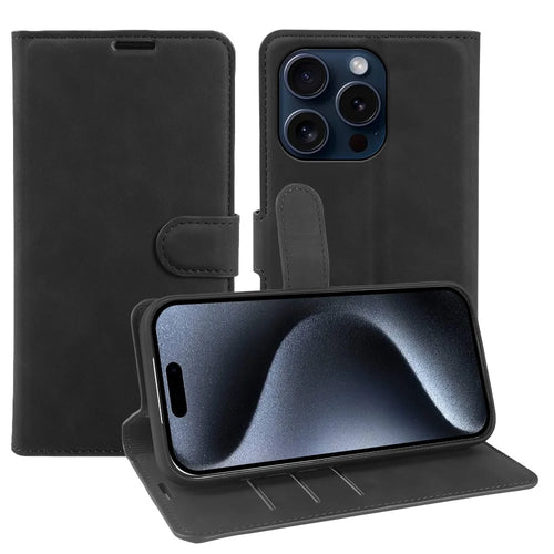For iPhone 15 Pro Wallet Stand Case Card Slots Skin-feel TPU + PU Leather Flip Cover - Black - 1