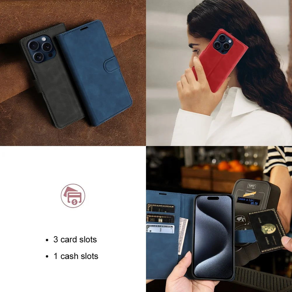 For iPhone 15 Pro Wallet Stand Case Card Slots Skin-feel TPU + PU Leather Flip Cover - Black - 6