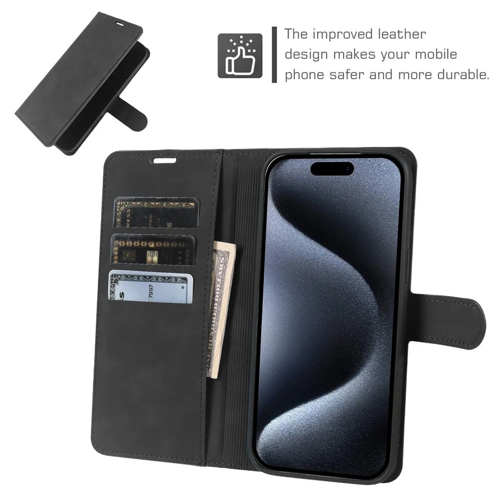 For iPhone 15 Pro Max Wallet Stand Case Card Slots Skin-feel TPU + PU Leather Flip Cover - Black - 3