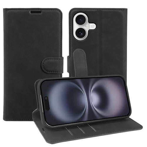 For iPhone 16 Wallet Stand Case Card Slots Skin-feel TPU + PU Leather Flip Cover - Black - 1