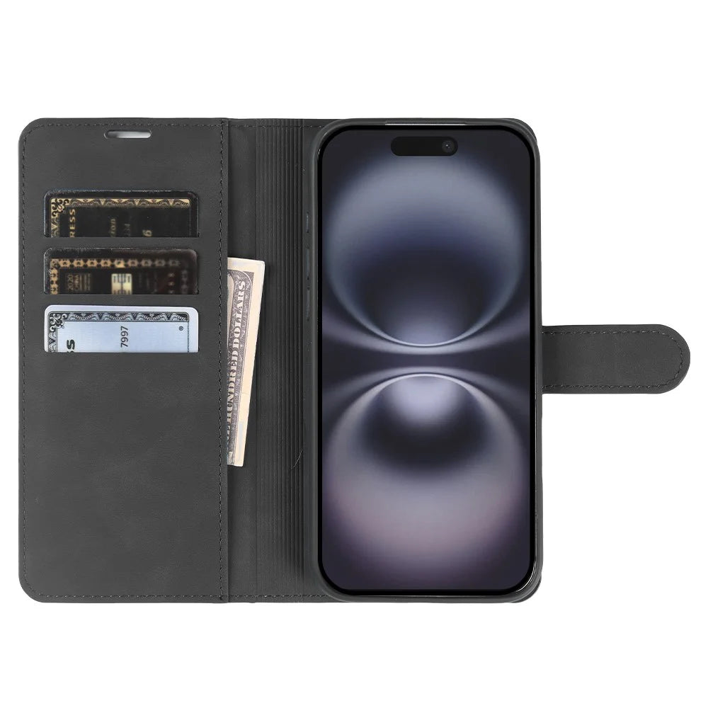 For iPhone 16 Wallet Stand Case Card Slots Skin-feel TPU + PU Leather Flip Cover - Black - 2