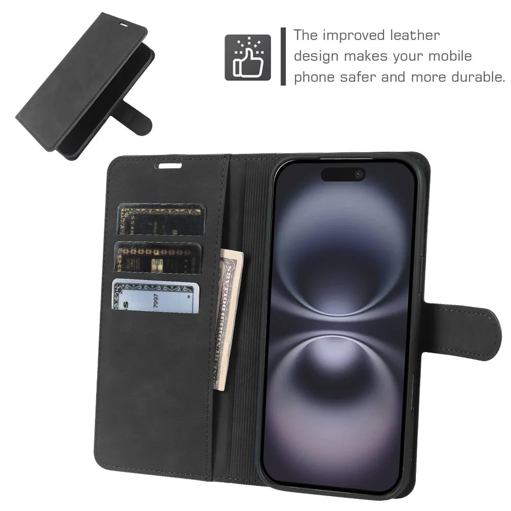 For iPhone 16 Wallet Stand Case Card Slots Skin-feel TPU + PU Leather Flip Cover - Black - 3