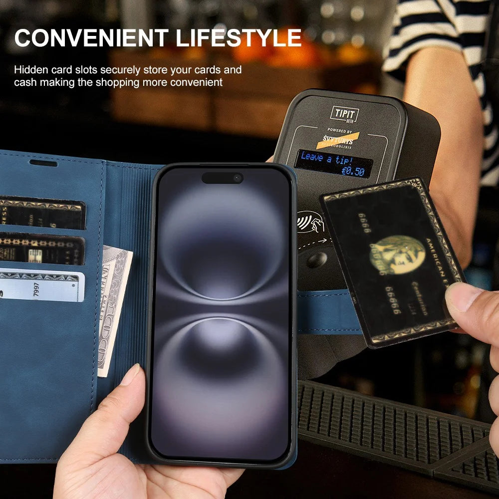 For iPhone 16 Wallet Stand Case Card Slots Skin-feel TPU + PU Leather Flip Cover - Black - 4