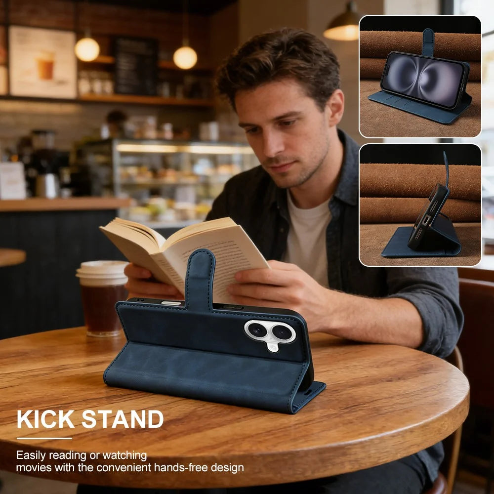 For iPhone 16 Wallet Stand Case Card Slots Skin-feel TPU + PU Leather Flip Cover - Black - 5