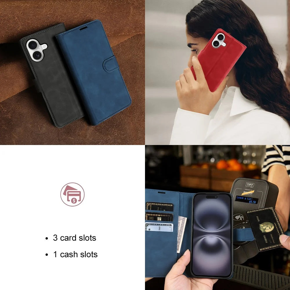 For iPhone 16 Wallet Stand Case Card Slots Skin-feel TPU + PU Leather Flip Cover - Black - 6