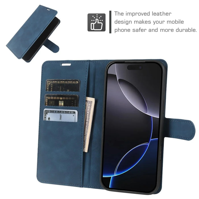For iPhone 16 Pro Max Wallet Stand Case Card Slots Skin-feel TPU + PU Leather Flip Cover - Blue - 3