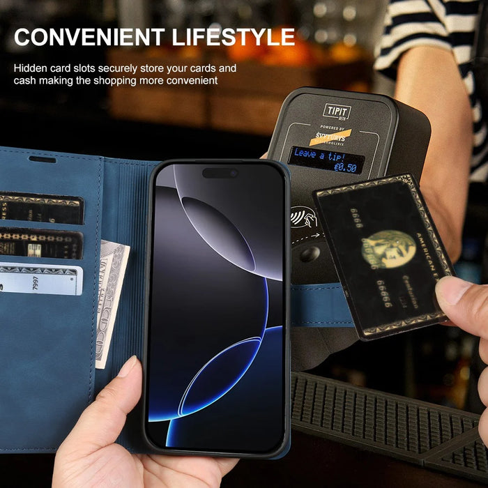 For iPhone 16 Pro Max Wallet Stand Case Card Slots Skin-feel TPU + PU Leather Flip Cover - Blue - 4