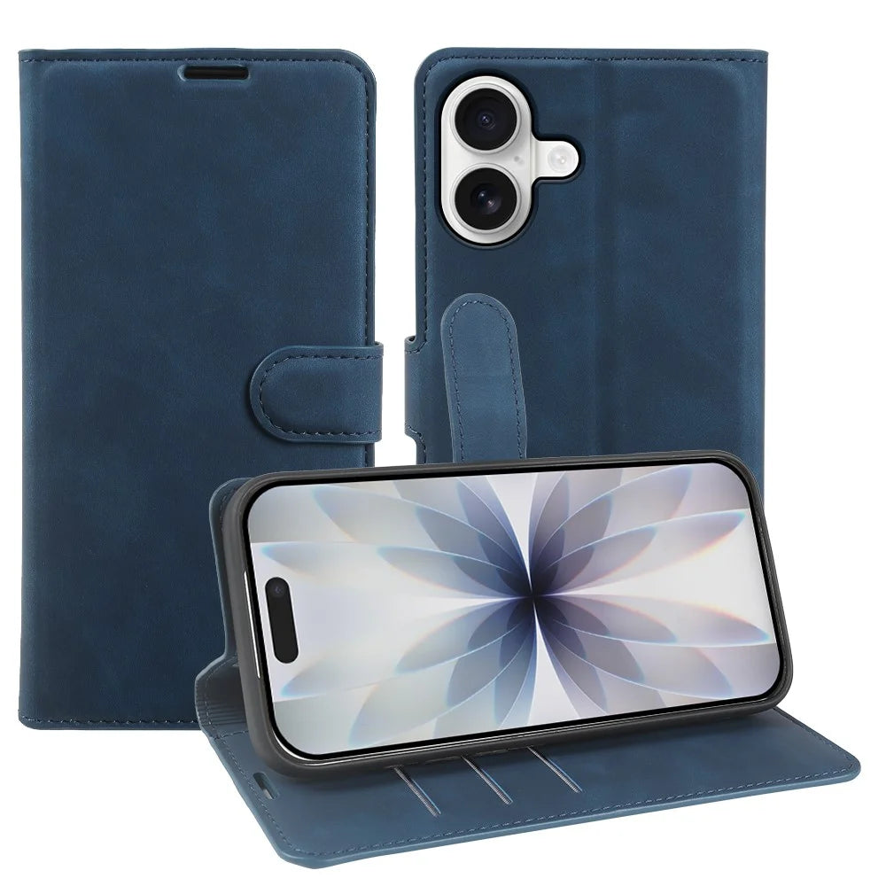 For iPhone 17 Wallet Stand Case Card Slots Skin-feel TPU + PU Leather Flip Cover - Blue - 1
