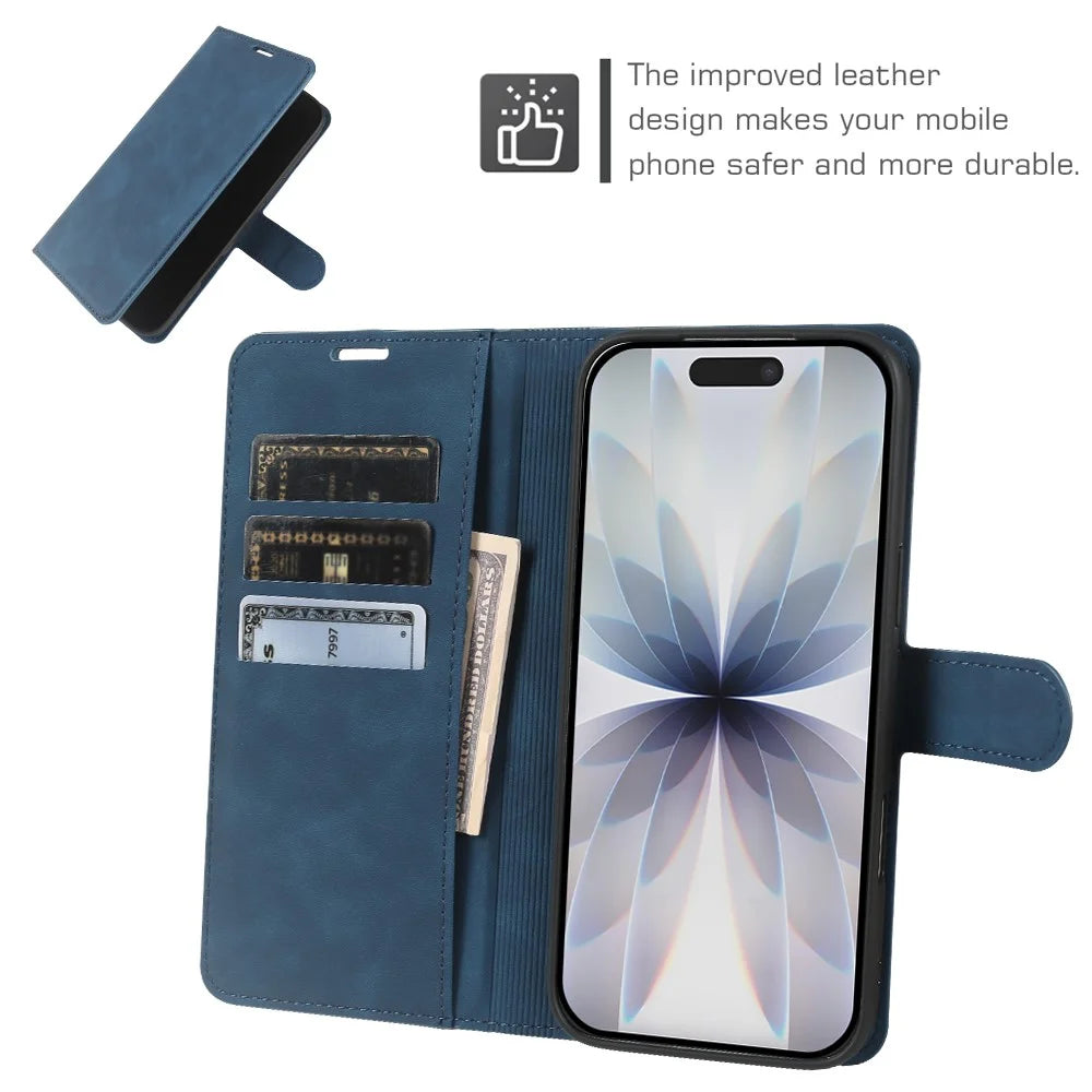 For iPhone 17 Wallet Stand Case Card Slots Skin-feel TPU + PU Leather Flip Cover - Blue - 3