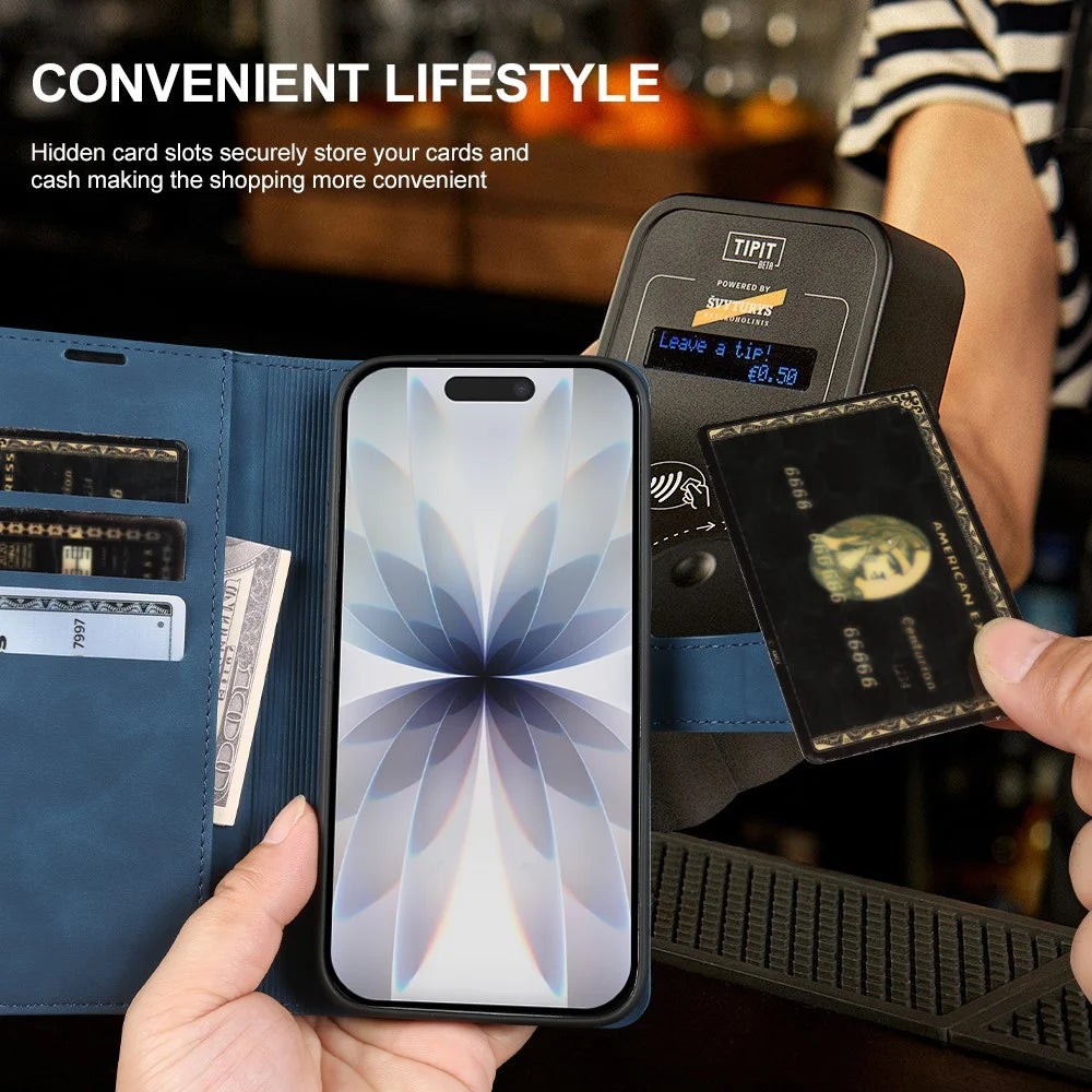 For iPhone 17 Wallet Stand Case Card Slots Skin-feel TPU + PU Leather Flip Cover - Blue - 4