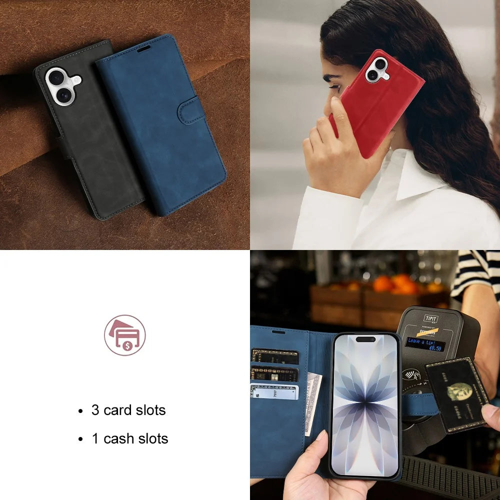 For iPhone 17 Wallet Stand Case Card Slots Skin-feel TPU + PU Leather Flip Cover - Blue - 6