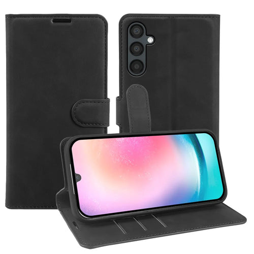 For Samsung Galaxy A24 5G Wallet Stand Case Card Slots Skin-feel TPU + PU Leather Flip Cover - Black - 1