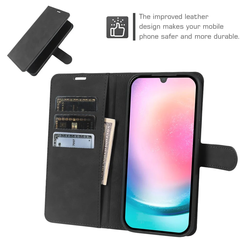 For Samsung Galaxy A24 5G Wallet Stand Case Card Slots Skin-feel TPU + PU Leather Flip Cover - Black - 3
