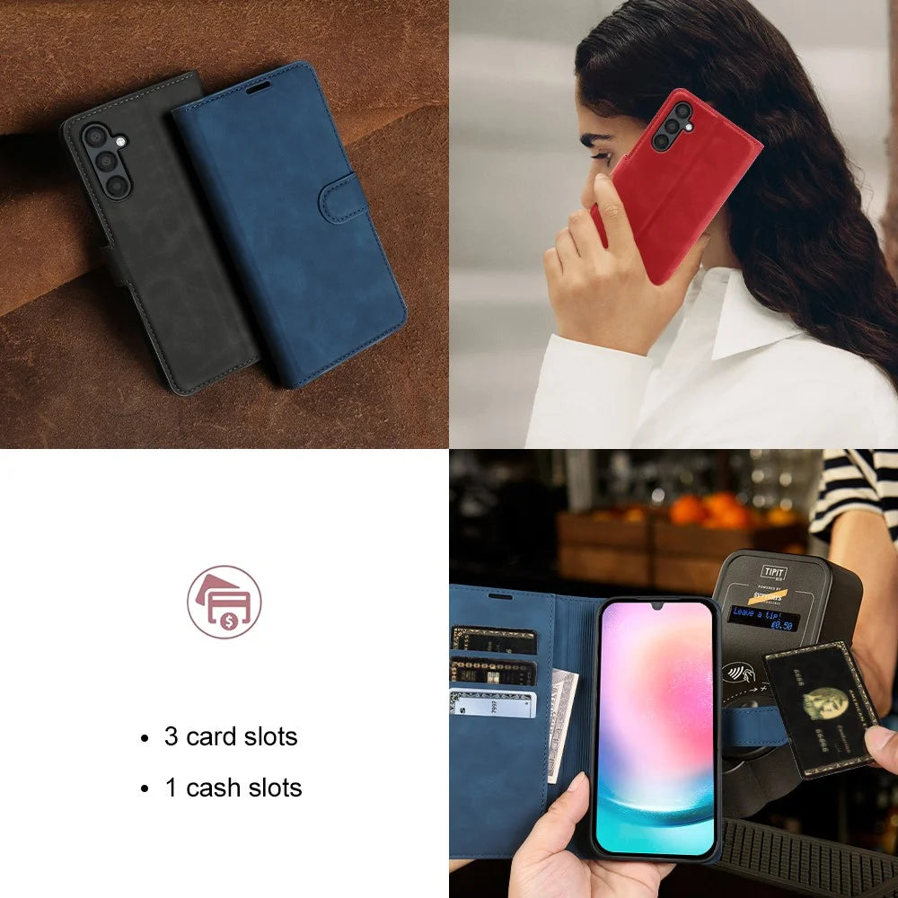 For Samsung Galaxy A24 5G Wallet Stand Case Card Slots Skin-feel TPU + PU Leather Flip Cover - Black - 6