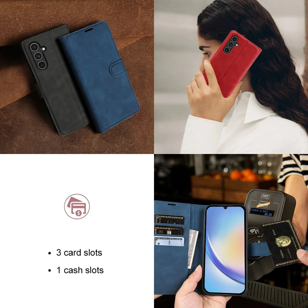 Wallet Stand Case For Samsung Galaxy A34 5G Card Slots Skin-feel TPU + PU Leather Flip Cover - Black - 6