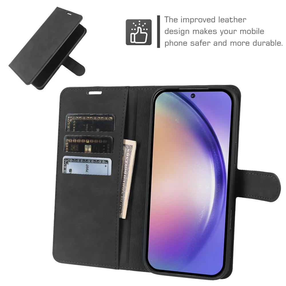 For Samsung Galaxy A54 5G Wallet Stand Case Card Slots Skin-feel TPU + PU Leather Flip Cover - Black - 3