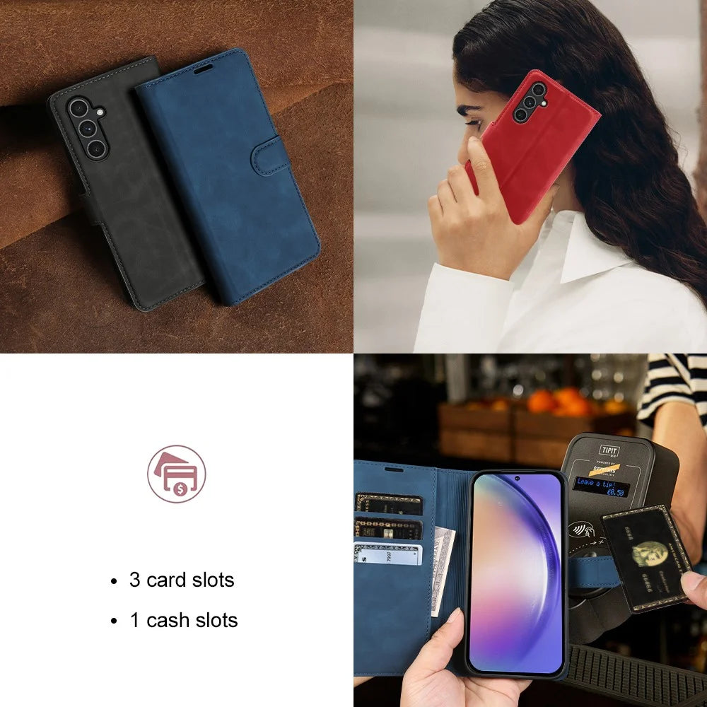 For Samsung Galaxy A54 5G Wallet Stand Case Card Slots Skin-feel TPU + PU Leather Flip Cover - Black - 6