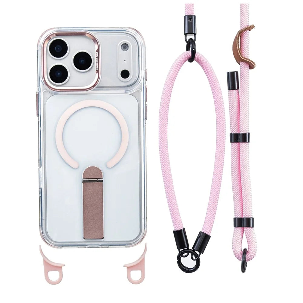 For iPhone 18 Pro Max / 17 Pro Max Magnetic Case Kickstand PC TPU Phone Cover with 30cm Short Strap / 120cm Long Strap - Pink - 1