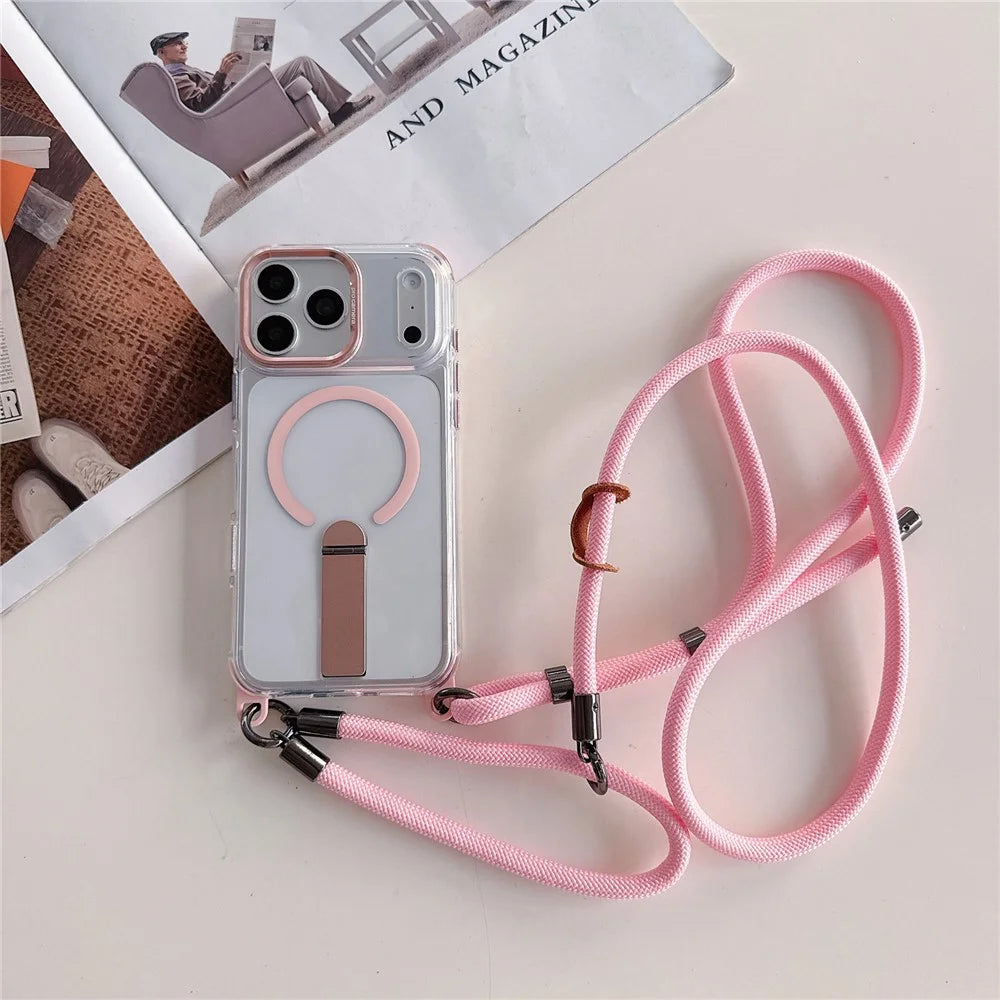 For iPhone 18 Pro Max / 17 Pro Max Magnetic Case Kickstand PC TPU Phone Cover with 30cm Short Strap / 120cm Long Strap - Pink - 2