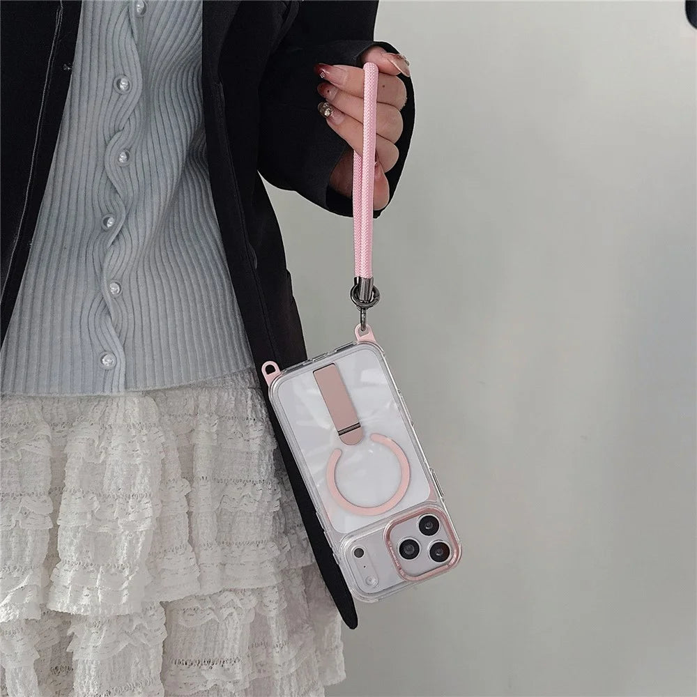 For iPhone 18 Pro Max / 17 Pro Max Magnetic Case Kickstand PC TPU Phone Cover with 30cm Short Strap / 120cm Long Strap - Pink - 5