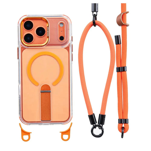 For iPhone 18 Pro / 17 Pro Magnetic Case Kickstand PC TPU Phone Cover with 30cm Short Strap / 120cm Long Strap - Orange - 1
