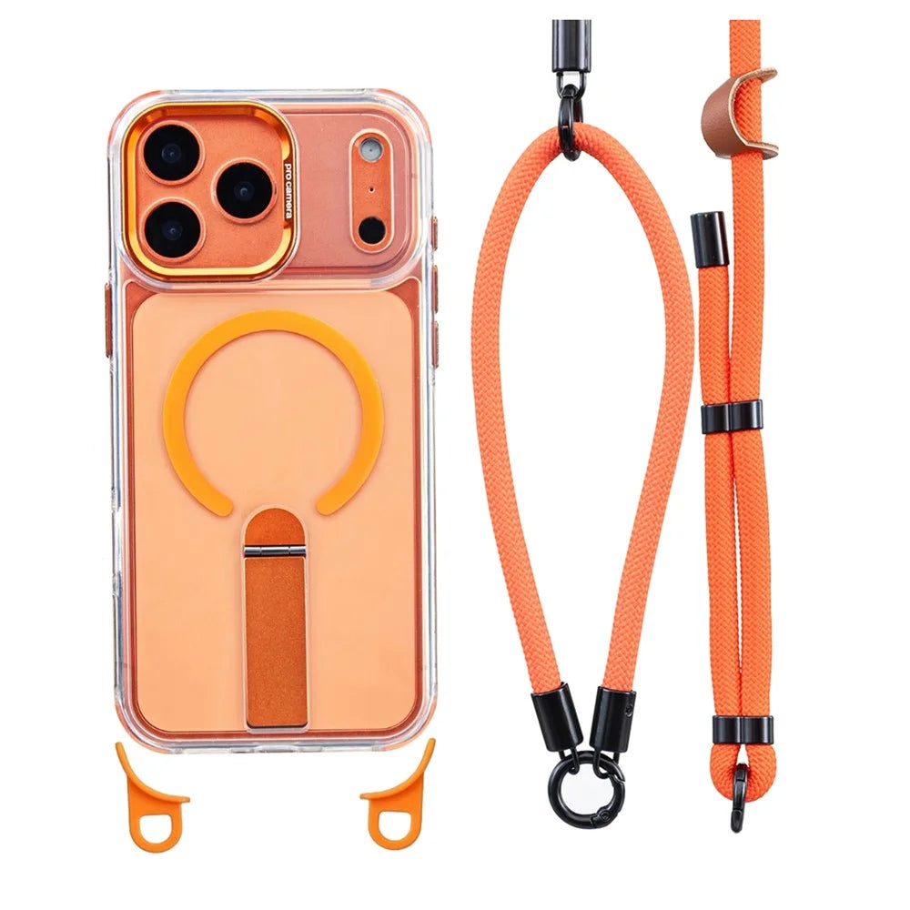For iPhone 18 Pro / 17 Pro Magnetic Case Kickstand PC TPU Phone Cover with 30cm Short Strap / 120cm Long Strap - Orange - 1