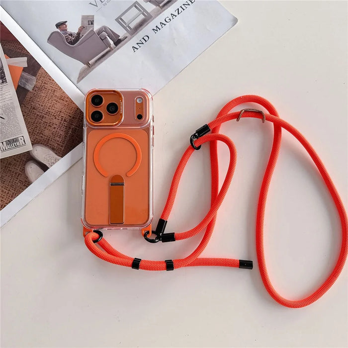For iPhone 18 Pro / 17 Pro Magnetic Case Kickstand PC TPU Phone Cover with 30cm Short Strap / 120cm Long Strap - Orange - 2