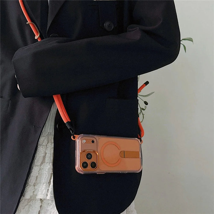For iPhone 18 Pro / 17 Pro Magnetic Case Kickstand PC TPU Phone Cover with 30cm Short Strap / 120cm Long Strap - Orange - 3
