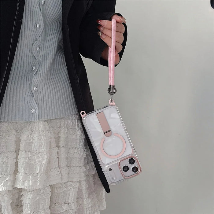 For iPhone 18 Pro / 17 Pro Magnetic Case Kickstand PC TPU Phone Cover with 30cm Short Strap / 120cm Long Strap - Orange - 5