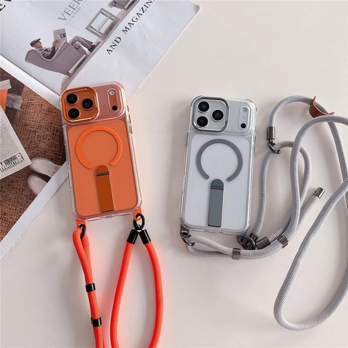 For iPhone 18 Pro / 17 Pro Magnetic Case Kickstand PC TPU Phone Cover with 30cm Short Strap / 120cm Long Strap - Orange - 6