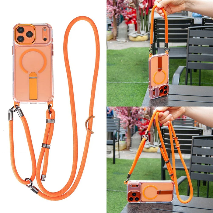 For iPhone 18 Pro / 17 Pro Magnetic Case Kickstand PC TPU Phone Cover with 30cm Short Strap / 120cm Long Strap - Orange - 7