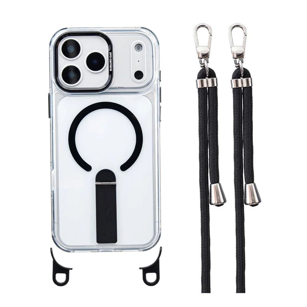 For iPhone 18 Pro / 17 Pro Magnetic Phone Case with Kickstand and 2-in-1 6mm 150cm Length Strap PC TPU Phone Cover - Black - 1