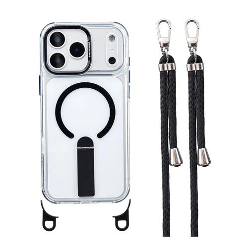 For iPhone 18 Pro / 17 Pro Magnetic Phone Case with Kickstand and 2-in-1 6mm 150cm Length Strap PC TPU Phone Cover - Black - 1