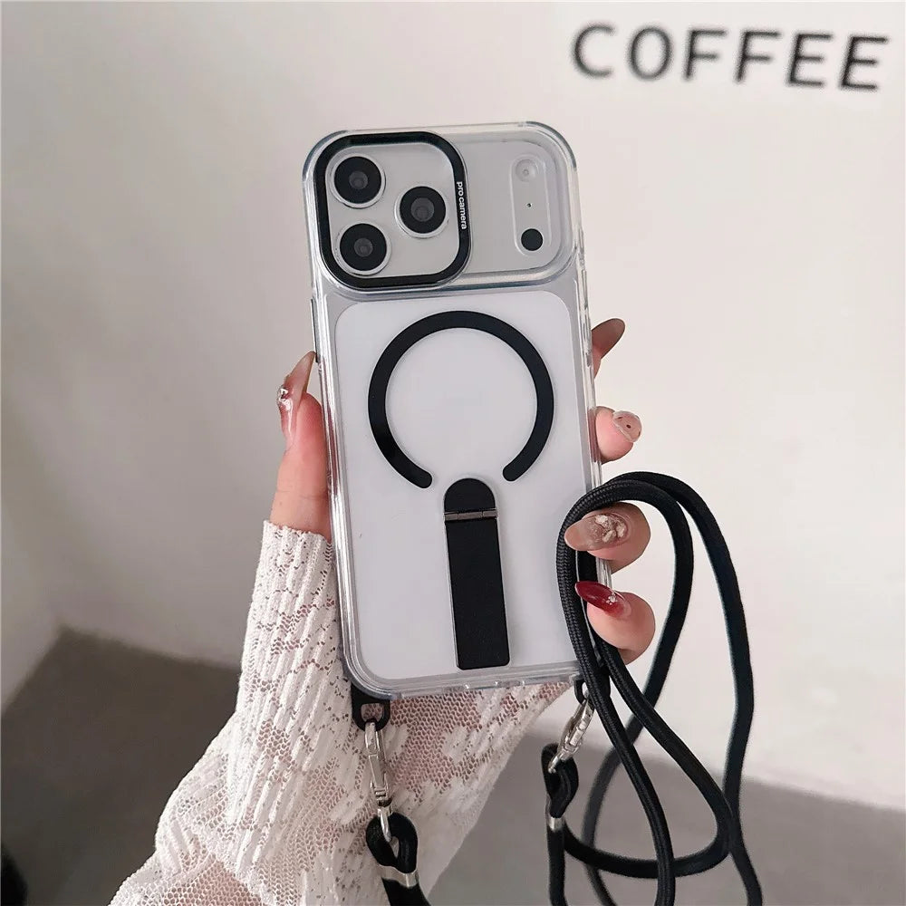 For iPhone 18 Pro / 17 Pro Magnetic Phone Case with Kickstand and 2-in-1 6mm 150cm Length Strap PC TPU Phone Cover - Black - 2