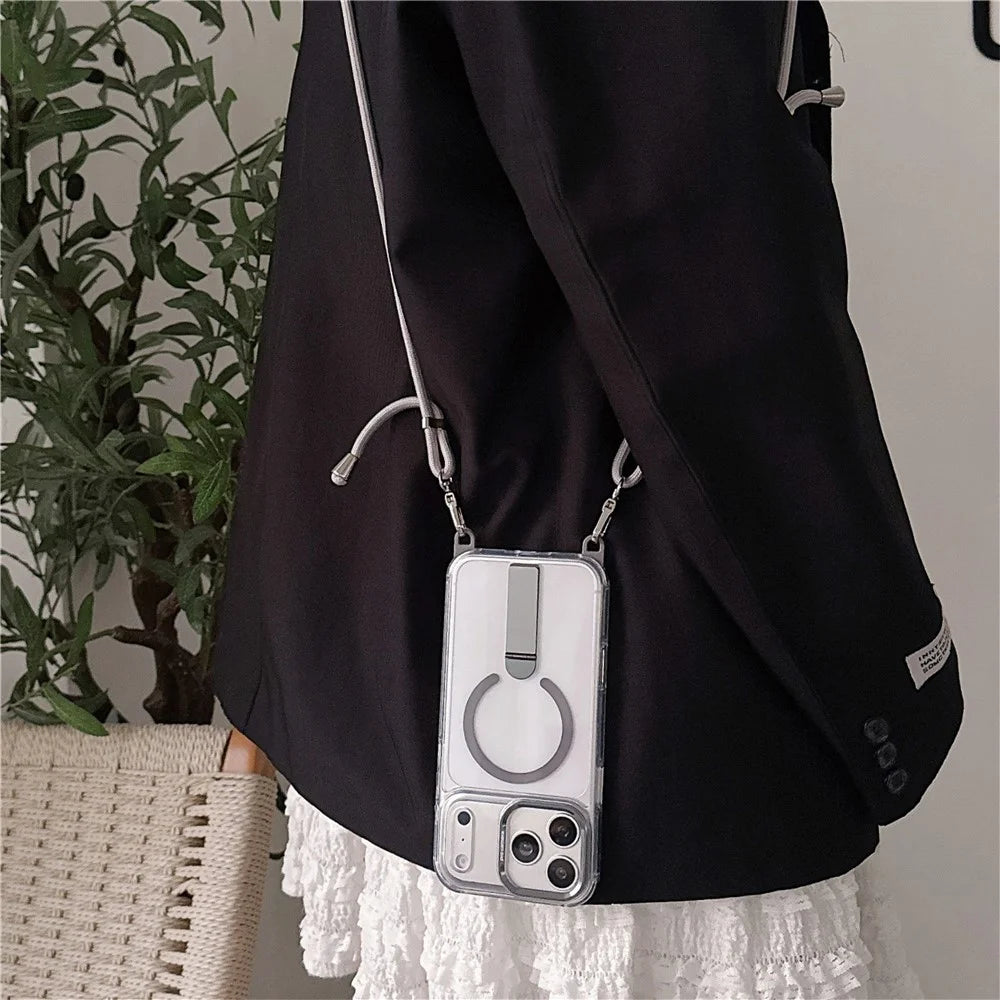 For iPhone 18 Pro / 17 Pro Magnetic Phone Case with Kickstand and 2-in-1 6mm 150cm Length Strap PC TPU Phone Cover - Black - 4