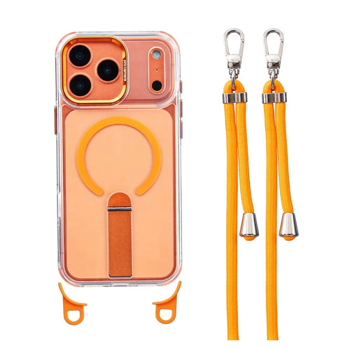 For iPhone 18 Pro Max / 17 Pro Max Magnetic Phone Case with Kickstand and 2-in-1 6mm 150cm Length Strap PC TPU Phone Cover - Orange - 1
